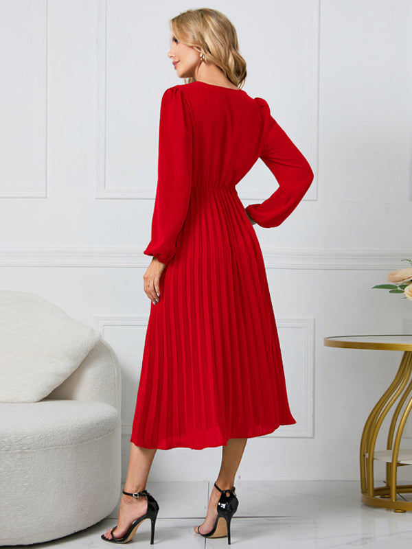 long sleeve slim pleated belt V-neck dress A-line skirt