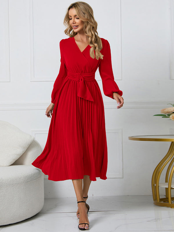 long sleeve slim pleated belt V-neck dress A-line skirt