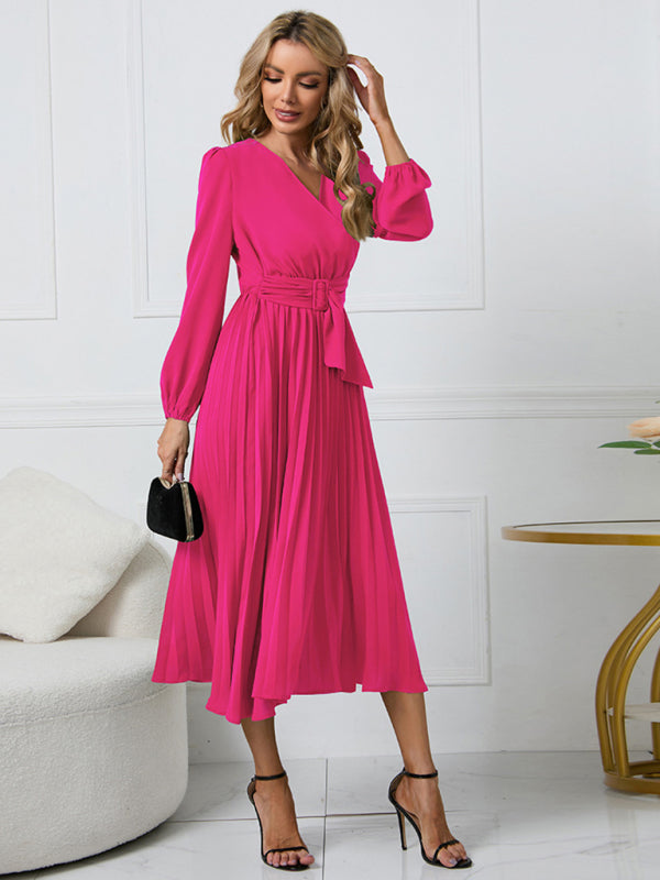 long sleeve slim pleated belt V-neck dress A-line skirt
