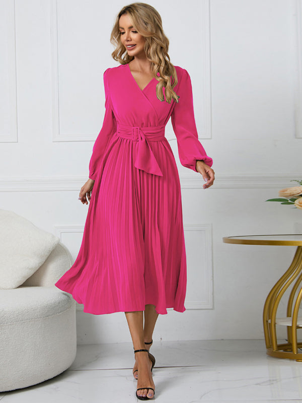 long sleeve slim pleated belt V-neck dress A-line skirt