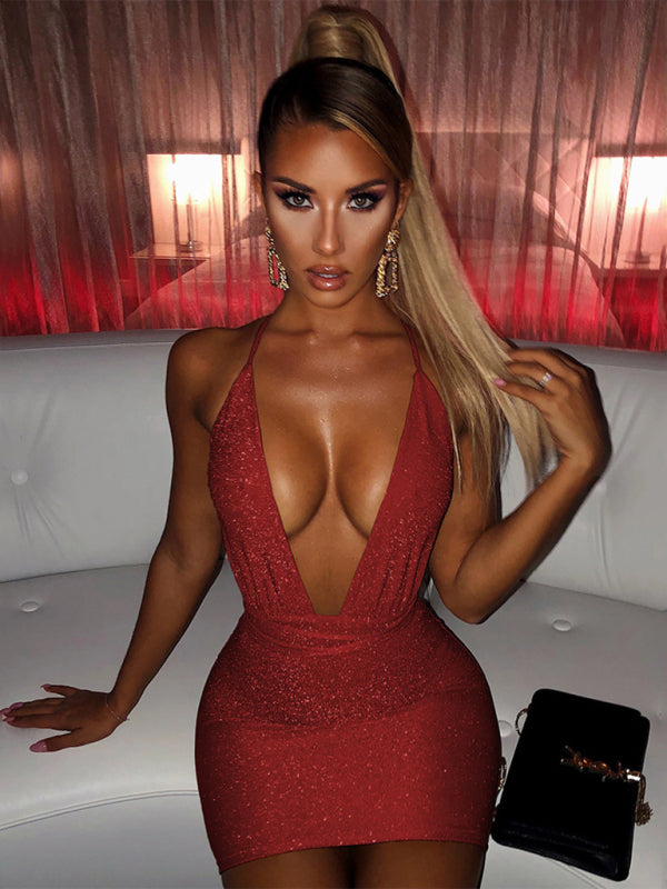 Sweet V Neck Backless Strap Sexy Party Dress