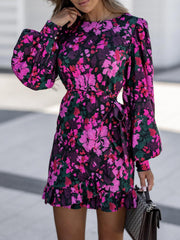 Sexy Printed Round Neck Tie Waist Long Sleeve Dress