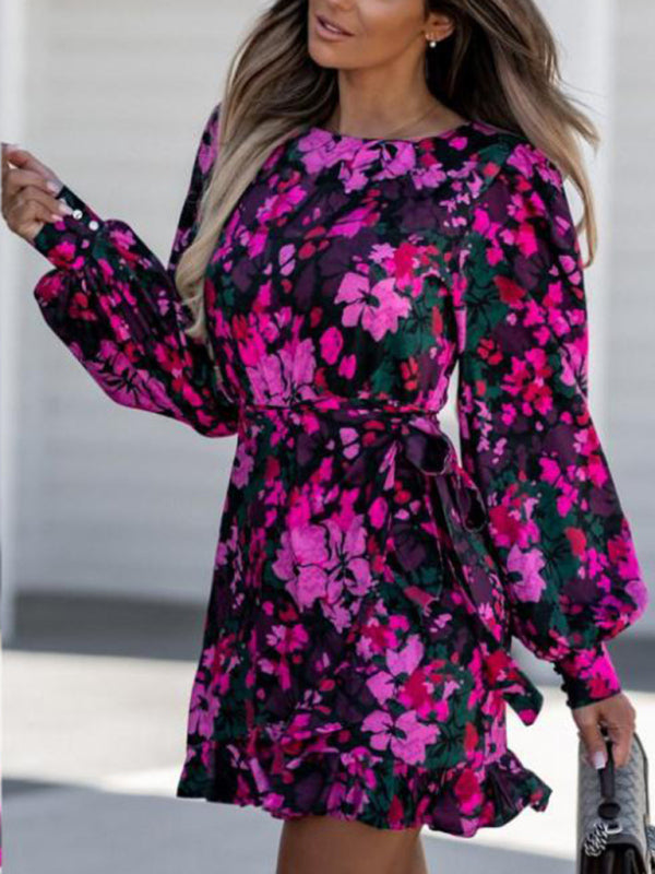 Sexy Printed Round Neck Tie Waist Long Sleeve Dress
