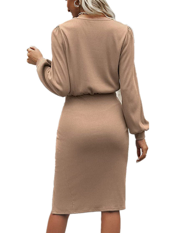 Threaded Waist Lantern Long-Sleeved Knitted Split Hip Dress