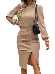 Threaded Waist Lantern Long-Sleeved Knitted Split Hip Dress