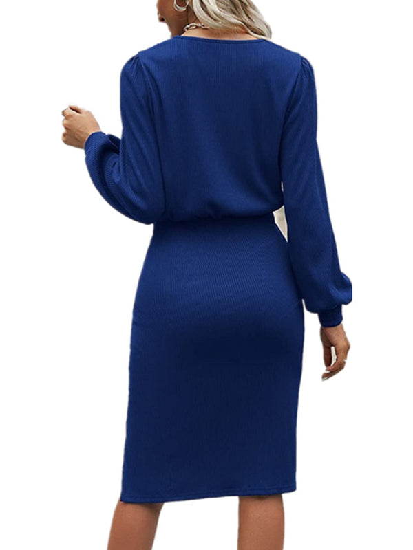 Threaded Waist Lantern Long-Sleeved Knitted Split Hip Dress