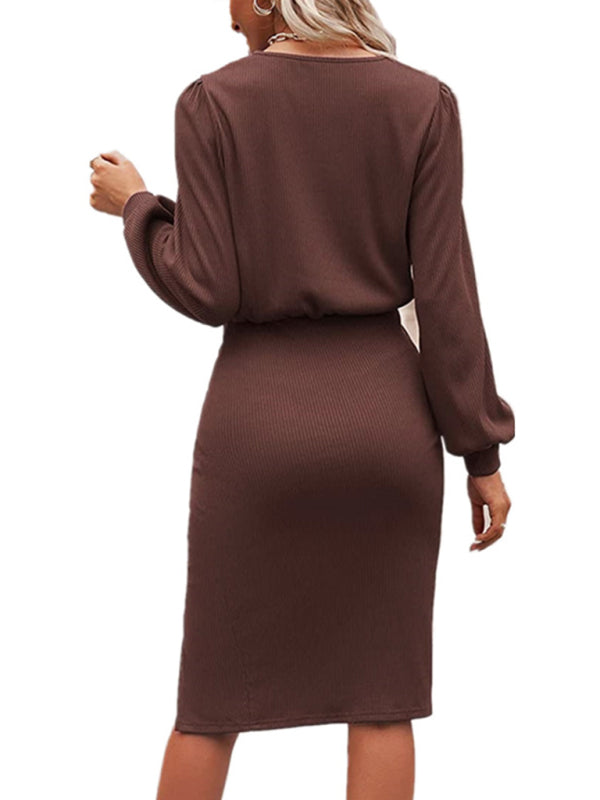 Threaded Waist Lantern Long-Sleeved Knitted Split Hip Dress