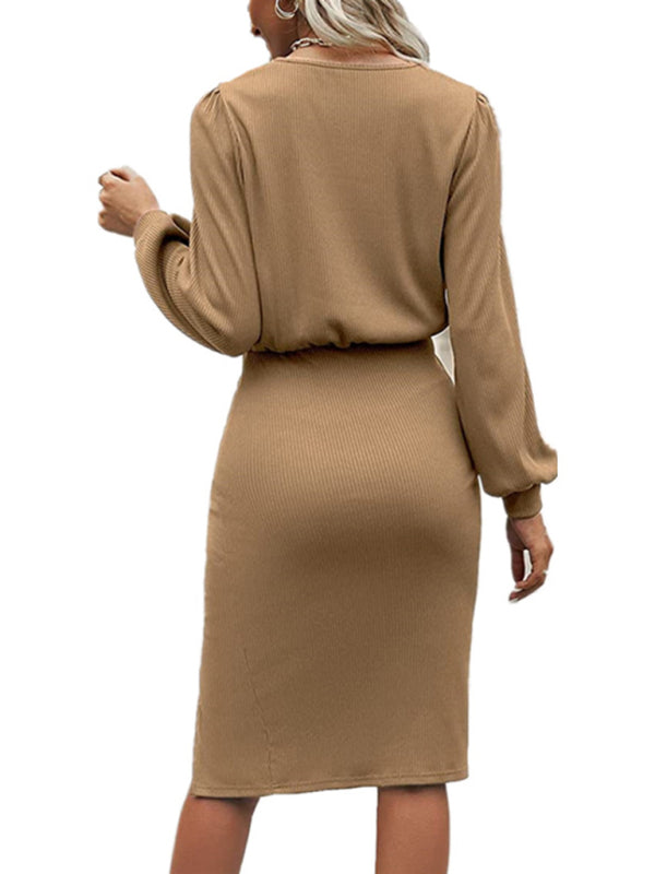 Threaded Waist Lantern Long-Sleeved Knitted Split Hip Dress