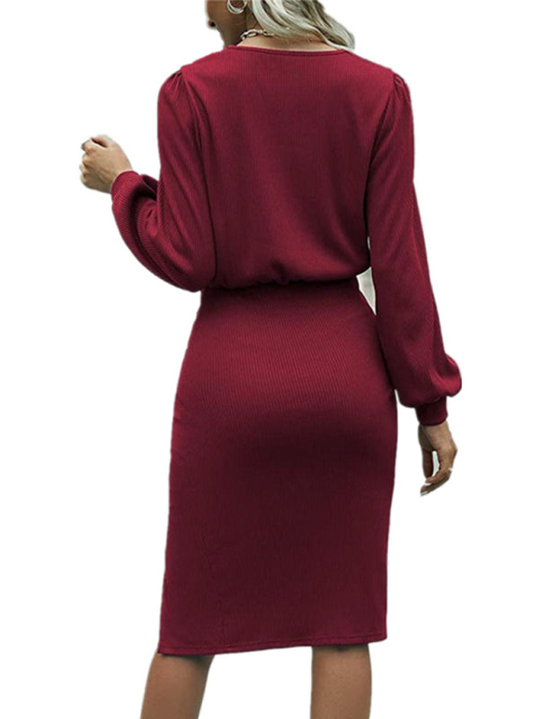 Threaded Waist Lantern Long-Sleeved Knitted Split Hip Dress
