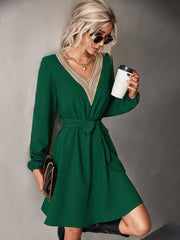 Elegant V Neck Lace Long Sleeve Slim Classic Dress