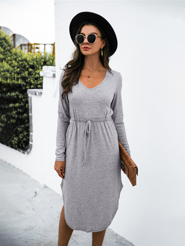 Colored cotton solid color V-neck long-sleeved tie slit dress