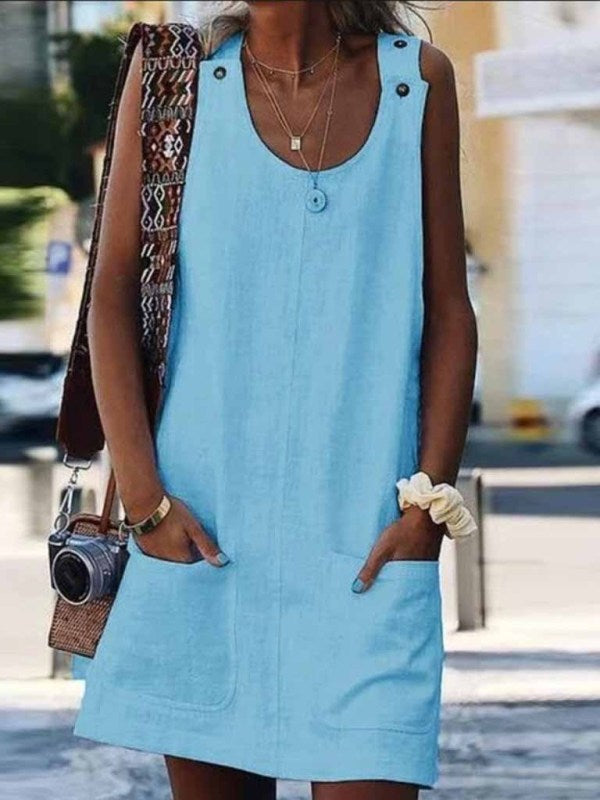 Ladies Pocket Button Cotton Linen Suspender Dress