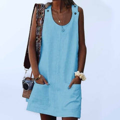 Ladies Pocket Button Cotton Linen Suspender Dress