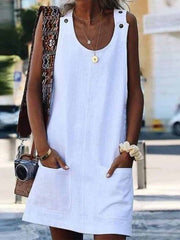 Ladies Pocket Button Cotton Linen Suspender Dress