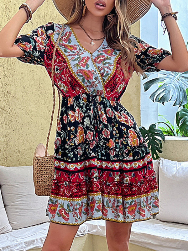 floral waist skirt printed ethnic style bohemian dress