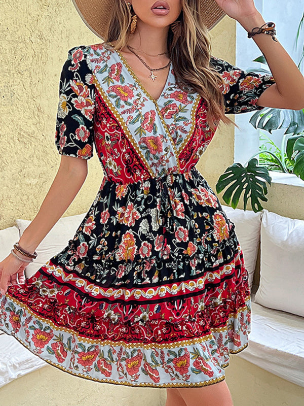 floral waist skirt printed ethnic style bohemian dress