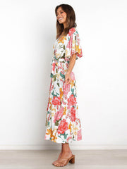 Short Sleeve Printed Dress V Neck Holiday Elegant Romantic Dress