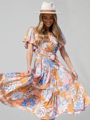 Short Sleeve Printed Dress V Neck Holiday Elegant Romantic Dress