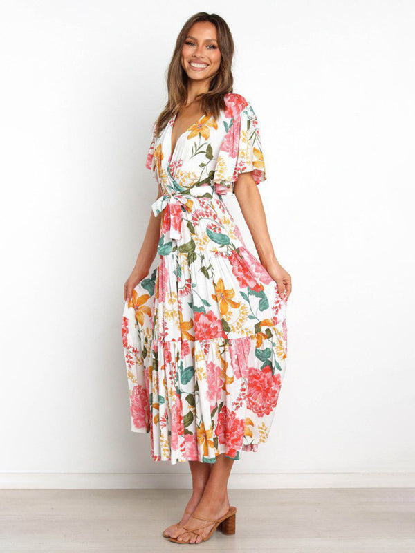 Short Sleeve Printed Dress V Neck Holiday Elegant Romantic Dress