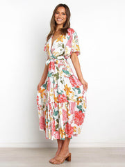 Short Sleeve Printed Dress V Neck Holiday Elegant Romantic Dress