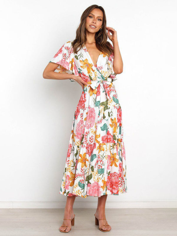 Short Sleeve Printed Dress V Neck Holiday Elegant Romantic Dress