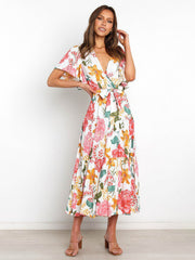 Short Sleeve Printed Dress V Neck Holiday Elegant Romantic Dress