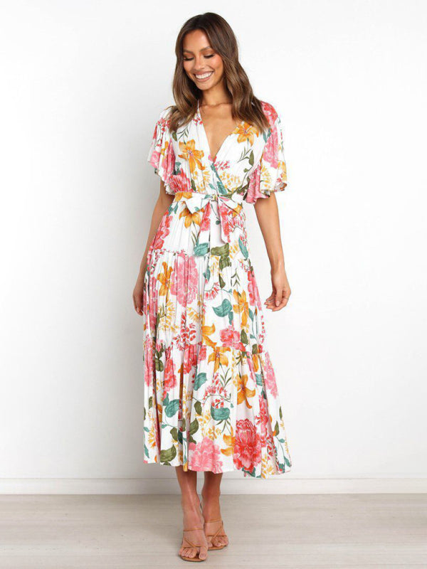 Short Sleeve Printed Dress V Neck Holiday Elegant Romantic Dress