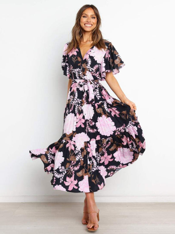 Short Sleeve Printed Dress V Neck Holiday Elegant Romantic Dress