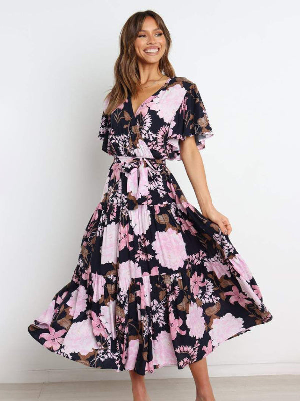 Short Sleeve Printed Dress V Neck Holiday Elegant Romantic Dress