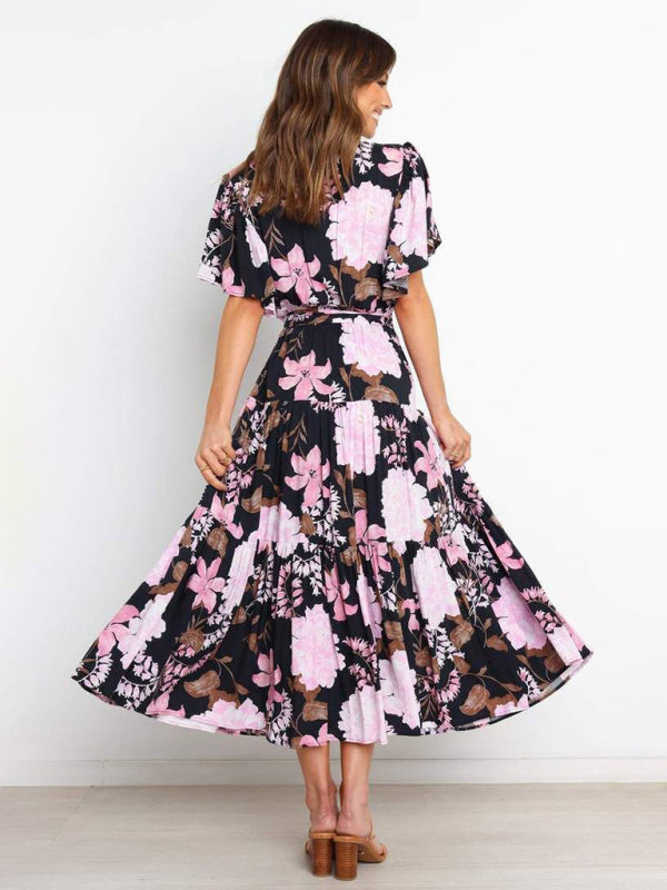 Short Sleeve Printed Dress V Neck Holiday Elegant Romantic Dress