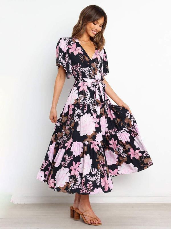 Short Sleeve Printed Dress V Neck Holiday Elegant Romantic Dress
