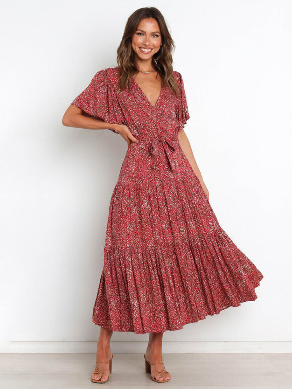 Short Sleeve Printed Dress V Neck Holiday Elegant Romantic Dress
