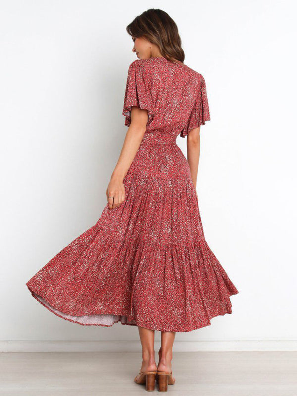 Short Sleeve Printed Dress V Neck Holiday Elegant Romantic Dress