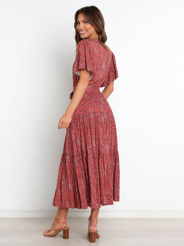Short Sleeve Printed Dress V Neck Holiday Elegant Romantic Dress