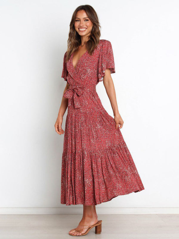 Short Sleeve Printed Dress V Neck Holiday Elegant Romantic Dress