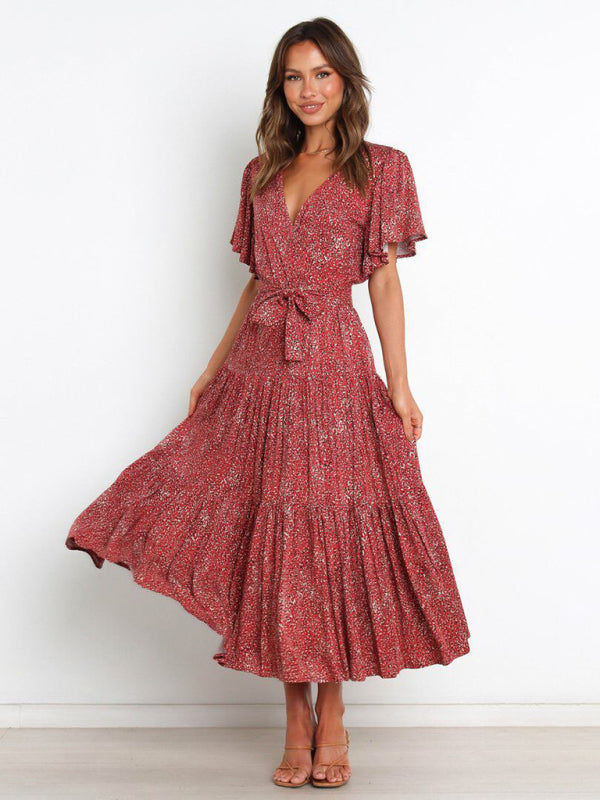 Short Sleeve Printed Dress V Neck Holiday Elegant Romantic Dress