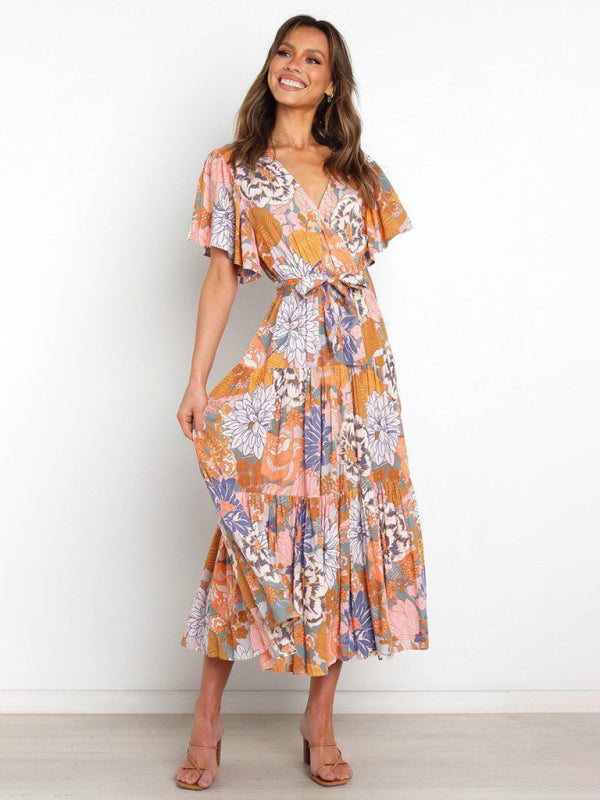 Short Sleeve Printed Dress V Neck Holiday Elegant Romantic Dress