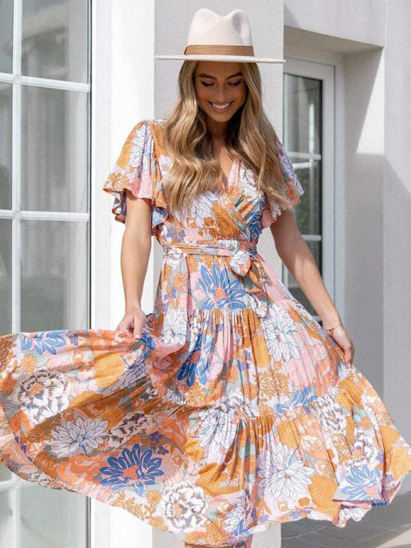 Short Sleeve Printed Dress V Neck Holiday Elegant Romantic Dress