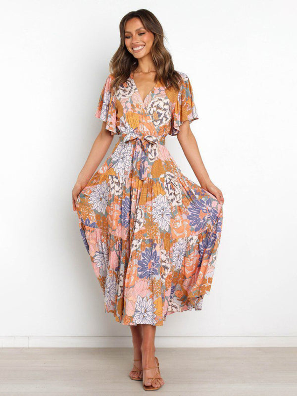 Short Sleeve Printed Dress V Neck Holiday Elegant Romantic Dress