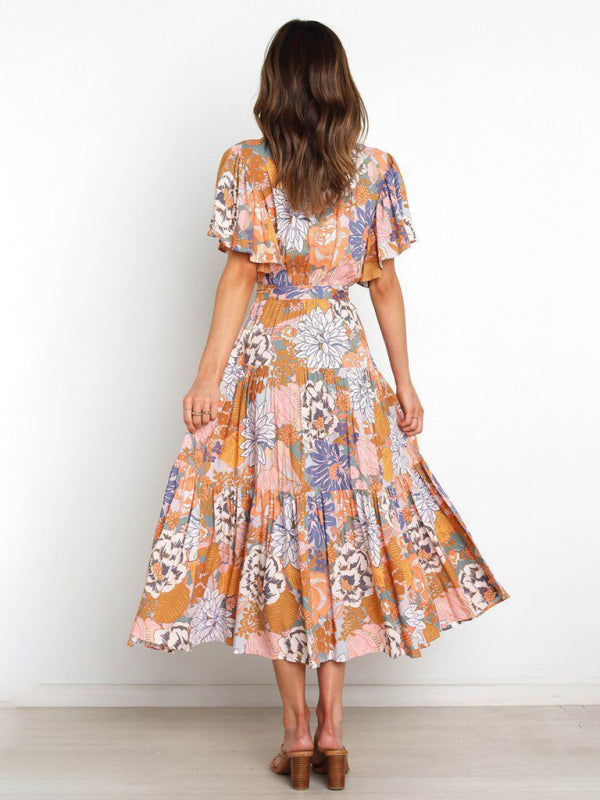 Short Sleeve Printed Dress V Neck Holiday Elegant Romantic Dress