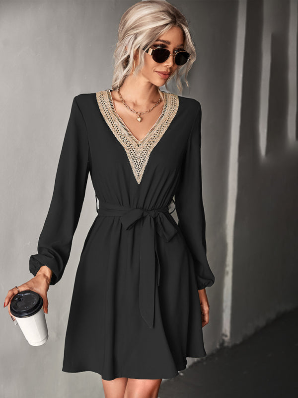 Elegant V Neck Lace Long Sleeve Slim Classic Dress