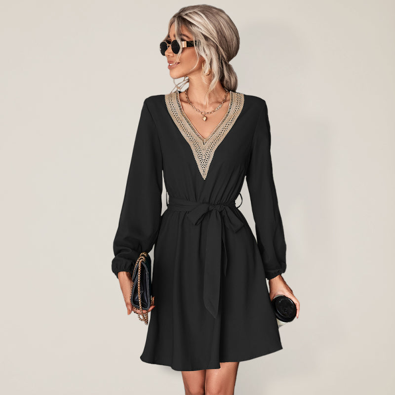 Elegant V Neck Lace Long Sleeve Slim Classic Dress