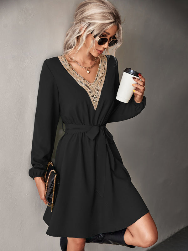Elegant V Neck Lace Long Sleeve Slim Classic Dress