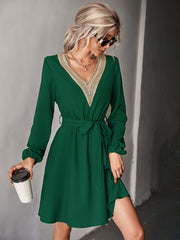 Elegant V Neck Lace Long Sleeve Slim Classic Dress