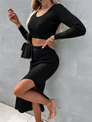 style solid color threaded long-sleeved sexy slit dress two-piece set