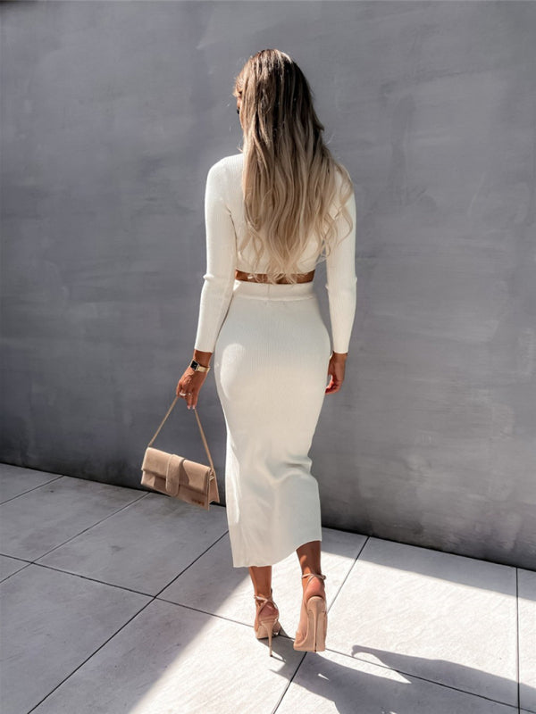 style solid color threaded long-sleeved sexy slit dress two-piece set