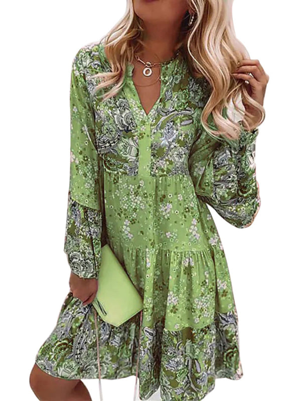 V-neck floral mosaic printed skirt cropped sleeve layered mini dress