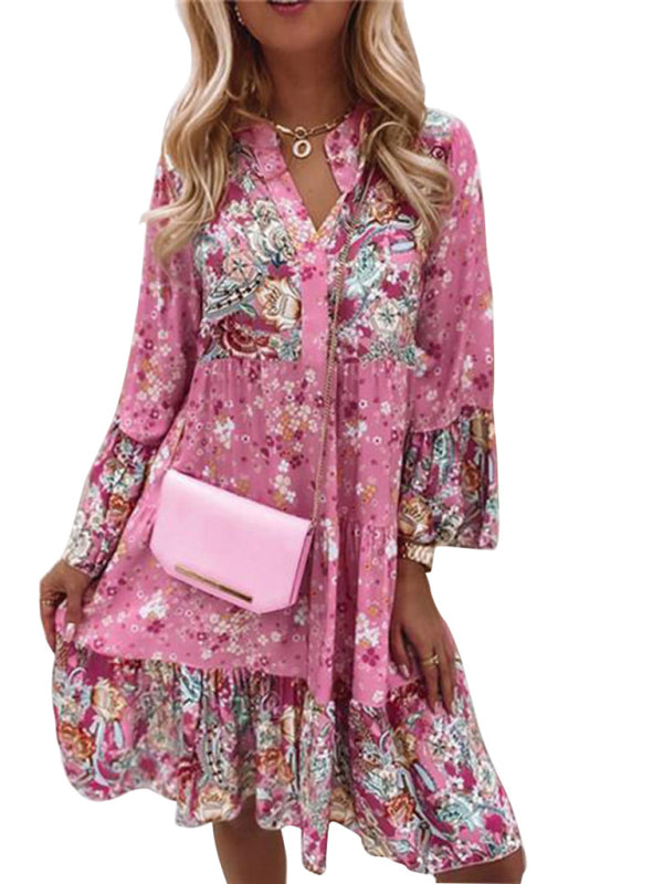 V-neck floral mosaic printed skirt cropped sleeve layered mini dress