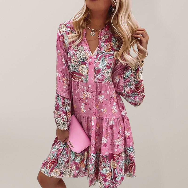 V-neck floral mosaic printed skirt cropped sleeve layered mini dress