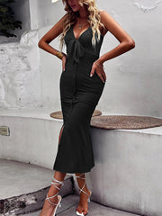 Sexy Hollow Strap Slit Knit Sling Dress Package Hip Skirt